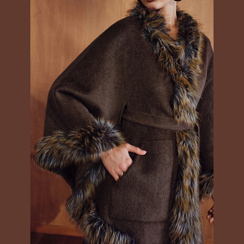 Brown Wool Blend Faux Fur Trim Belted Waterfall Cape Coat - Picture 3 of 8